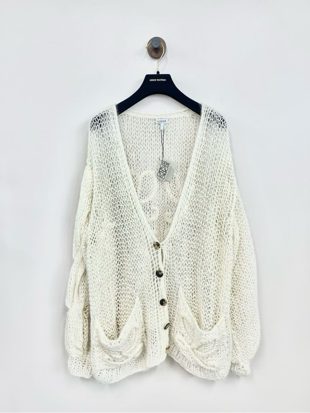 Loewe Open-Knit Cream V-Neck Cardigan with Patch Pockets